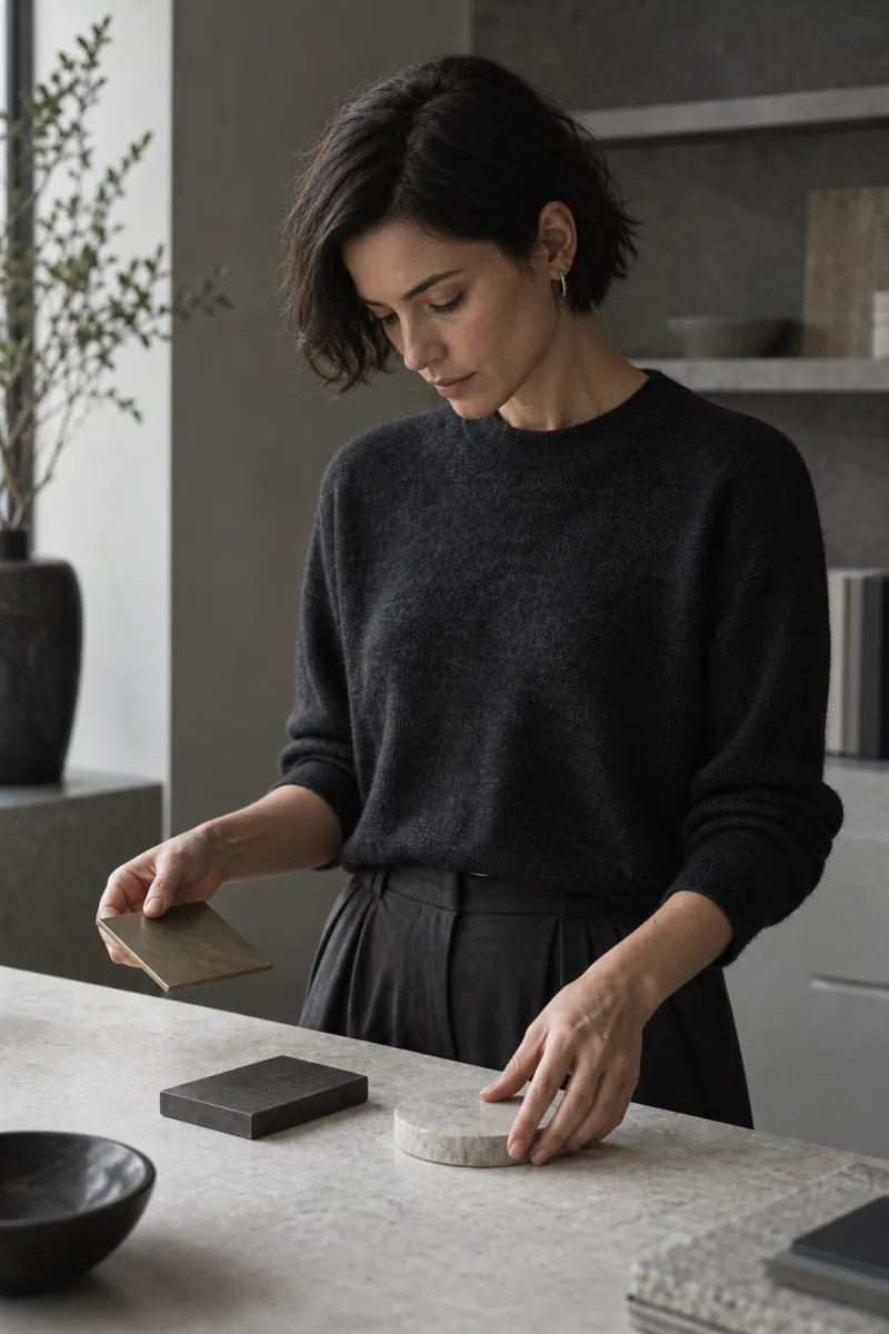 Uma mulher seleciona amostras de materiais sobre uma bancada.